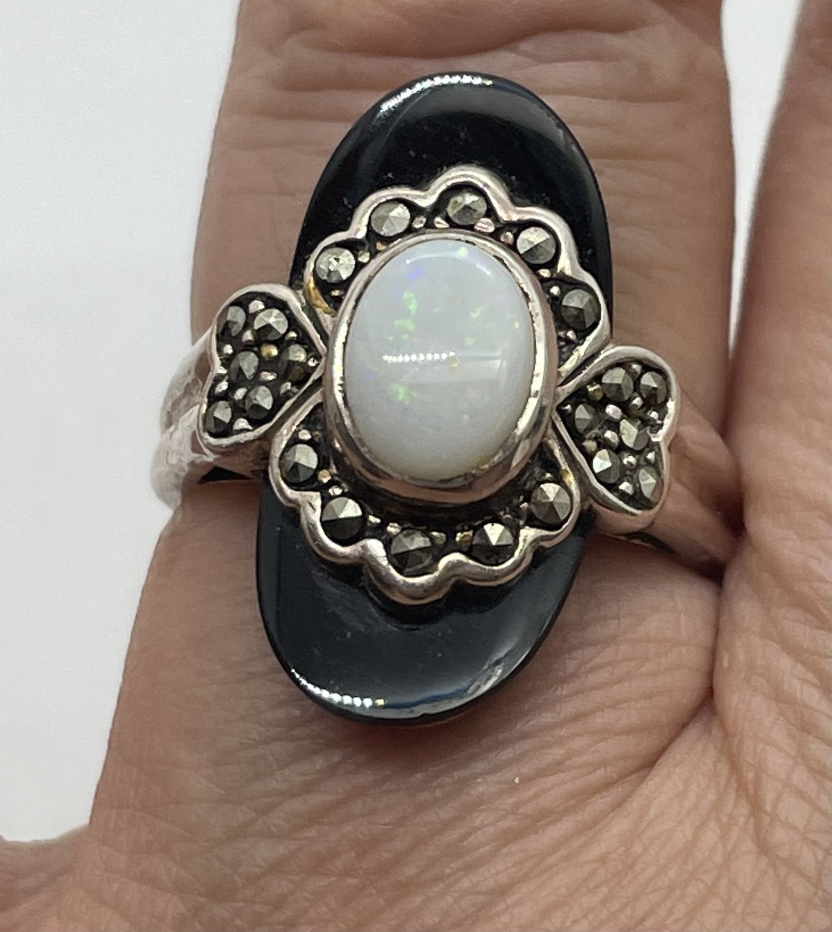 Sterling NF Onyx & Opal Ring Sz 8