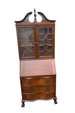 1950s Vintage Chippendale Style Serpentine Secretary Desk Bookcase