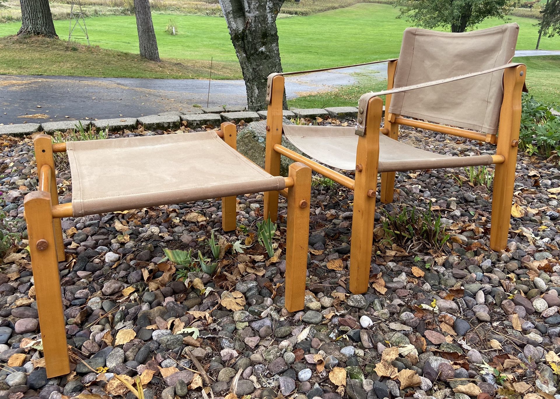 Vintage Gold Metal Inc Canvas Safari Lounge Chair + Ottoman; Mid Century Modern