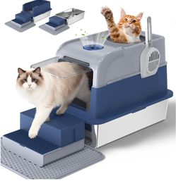 Enclosed Cat Litter Box, XL Stainless Steel Litter Box with Lid, Dual Storage Pedals, High-Side & Odor Free, Litter Mat & Scoop Included, Easy to Clea