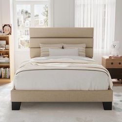 Twin Size Platform Bed Frame with Fabric Upholstered Headboard Wooden Slats Support, Fully Upholstered Mattress Foundation, No Box Spring Needed, Easy