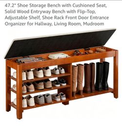 47.2" Shoe Storage Bench with Cushioned Seat, Solid Wood Entryway Bench