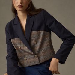 NWT Anthropologie Dolan Corset Blazer Navy Plaid Size L