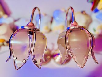 *RARE*VTG Hollywood Regency Smokey Glass/Rose Gold Brass Set of Lotus Table Lamps