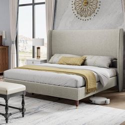 Full Platform Bed Frame 51.2" High Headboard Tall Upholstered Bed/No Box Spring Required/Wood Slat Support/Easy Assembly/Light Khaki