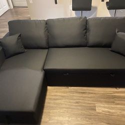 Black Linen Pull Out Sectional Sofa 👍FREE FINANCING AVAILABLE 👉 0️⃣ DOWN PAYMENT ❗NO CREDIT CHECK❗ 