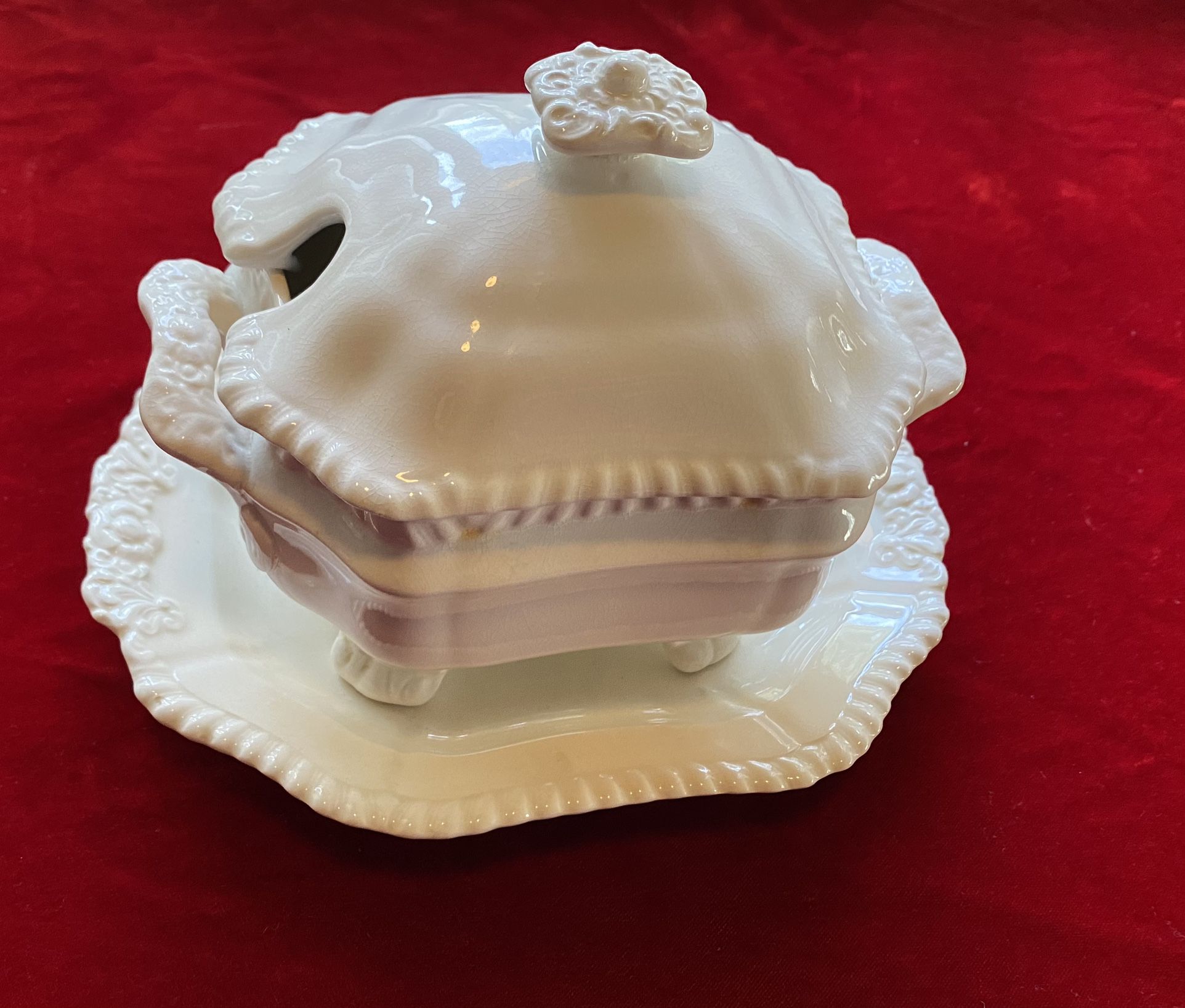 Vintage Rare COPELAND SPODE Rope-Edged Footed Sauce Tureen, Lid, Underplate