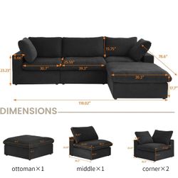 L Shaped Sectional Sofa Living Room Couch With Storage Ottoman (Black)