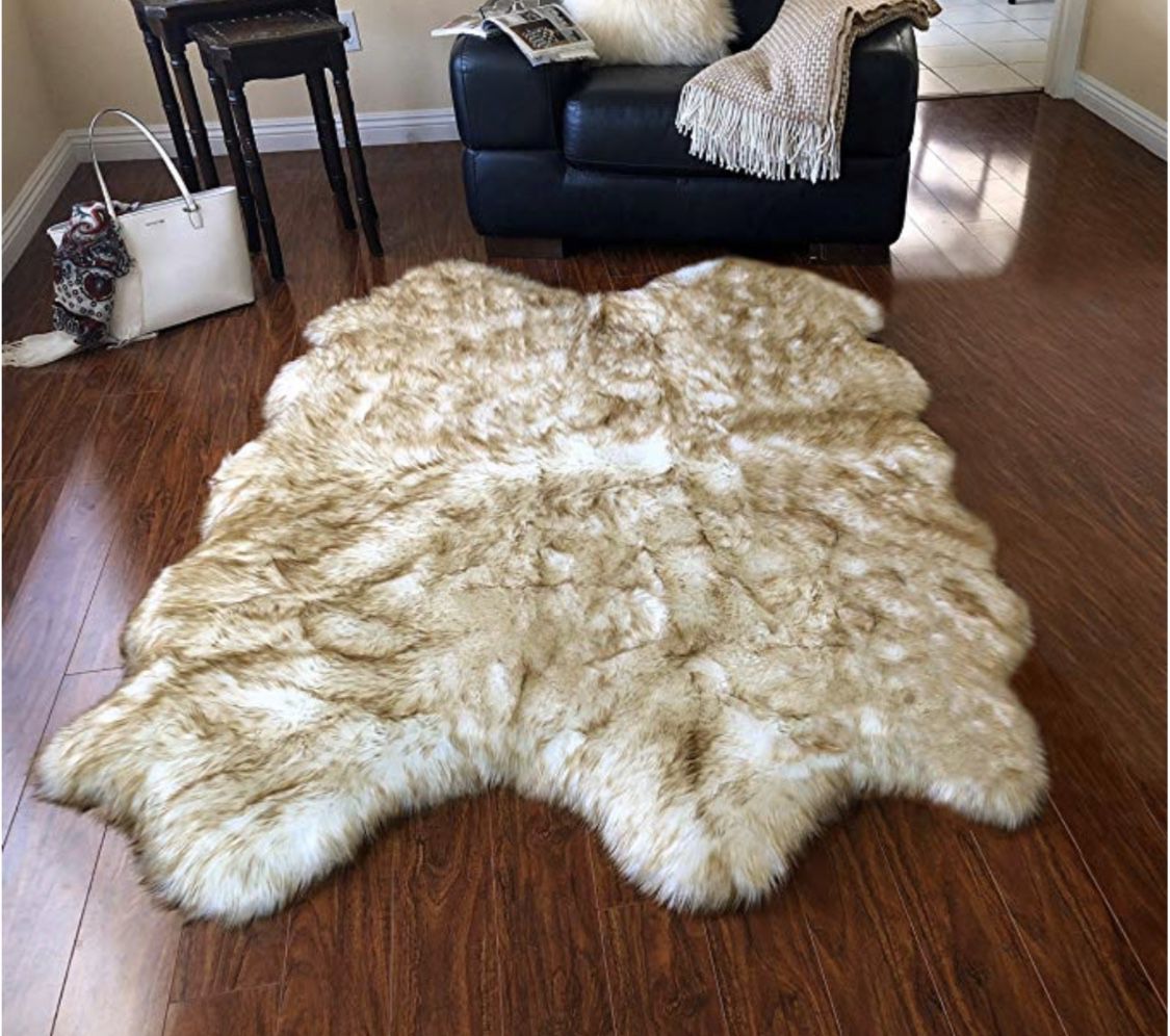 White Sheepskin Faux Fur Area Rug with Brown Tips New Plush No Shed