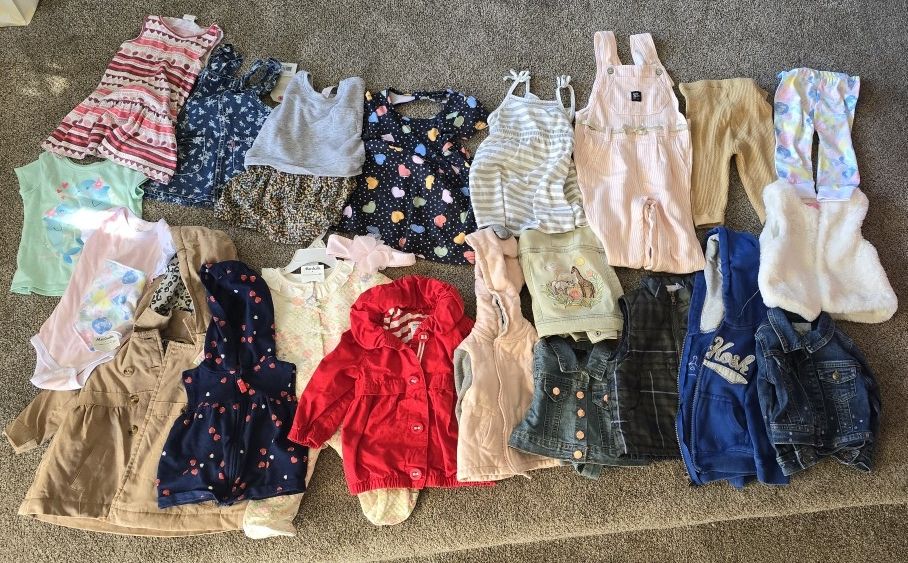 Girls 6-9m, 18m Mix Of Clothes (Jackets, Overalls, Pants Dresses) + Free Stuffed Animal And Hangers!