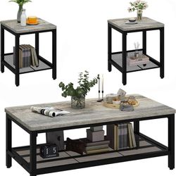 Coffee Table Set of 3, Industrial Coffee Table with 2 Square End Side Tables, Modern Living Room Table Set with Metal Frame for Apartment Home Office,