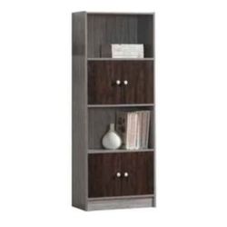 Grey and Brown Wooden 4-Tier Bookcase Storage Cabinet with 2 Shelves, 4 Doors