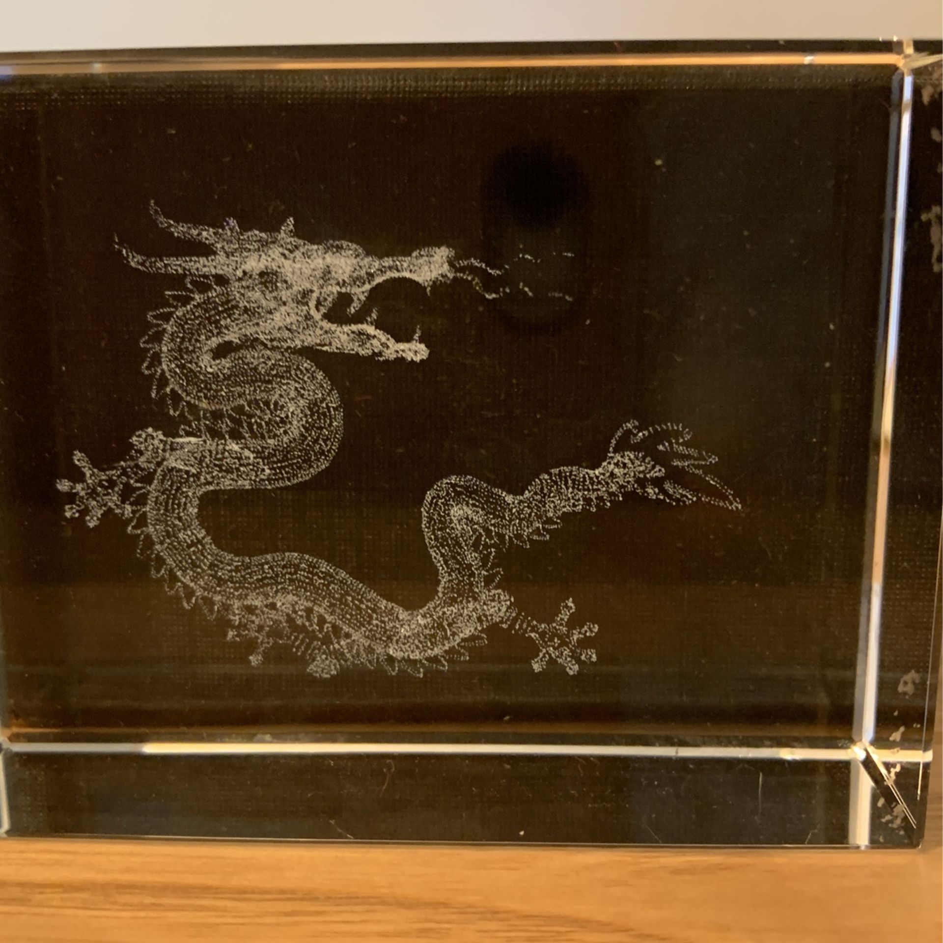 Dragon etched glass crystal cube paperweight