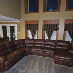 Large Brown Leather Sectional + Matching Chair (REAL LEATHER)