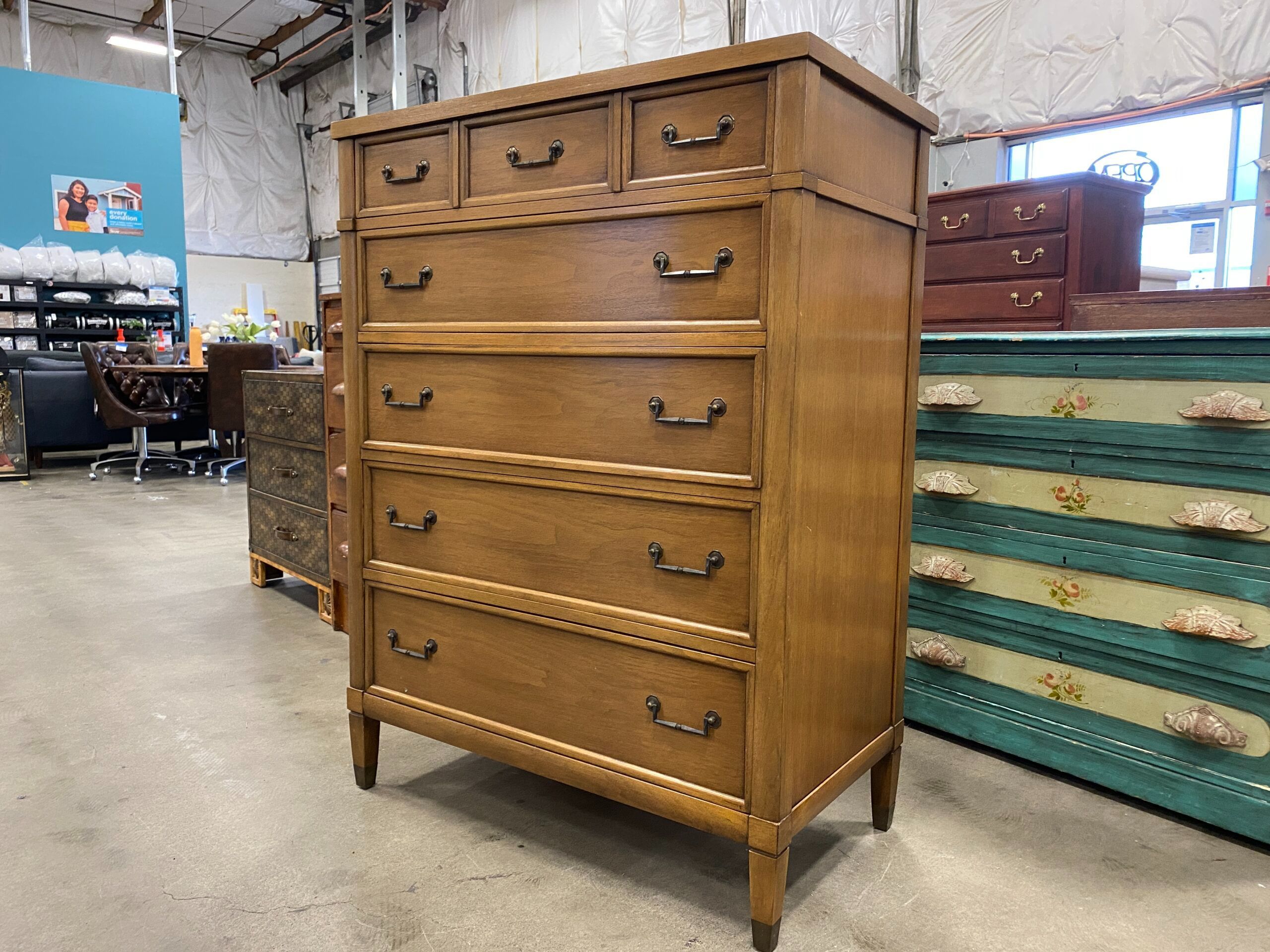 Vintage 5 Drawer Tallboy Dresser with Black Hardware