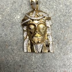 Gold Jesus Charm For Necklace Chain 10 Karat With Diamond Chips Fashion Yellow Gold Pendant 