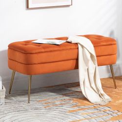 41” Orange Modern Storage Ottoman Tufted Soft Bench Living Room Bedroom Entrance [NEW] **Assembly Req** 