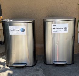 NEW Pair Stainless Steel Step Trash Cans w/ Liners (Minor Dents)