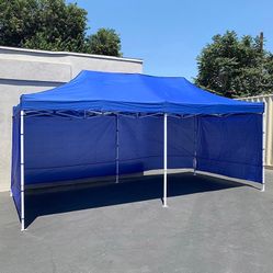 Brand New $225 Heavy Duty 10x20 ft Canopy with (4 Sidewalls), Outdoor Patio Pop Up Tent Gazebo, Blue/White