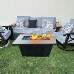 New Grey Outdoor Patio Furniture Set Sunbrella With Fire Pit Table