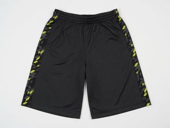 Dark grey athletic shorts with neon yellow side pattern