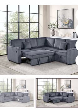$550.  Sectional Pull Out Bed With Storage USB Cup Holder Available,I Ivory,Dark Gray,Corduroy