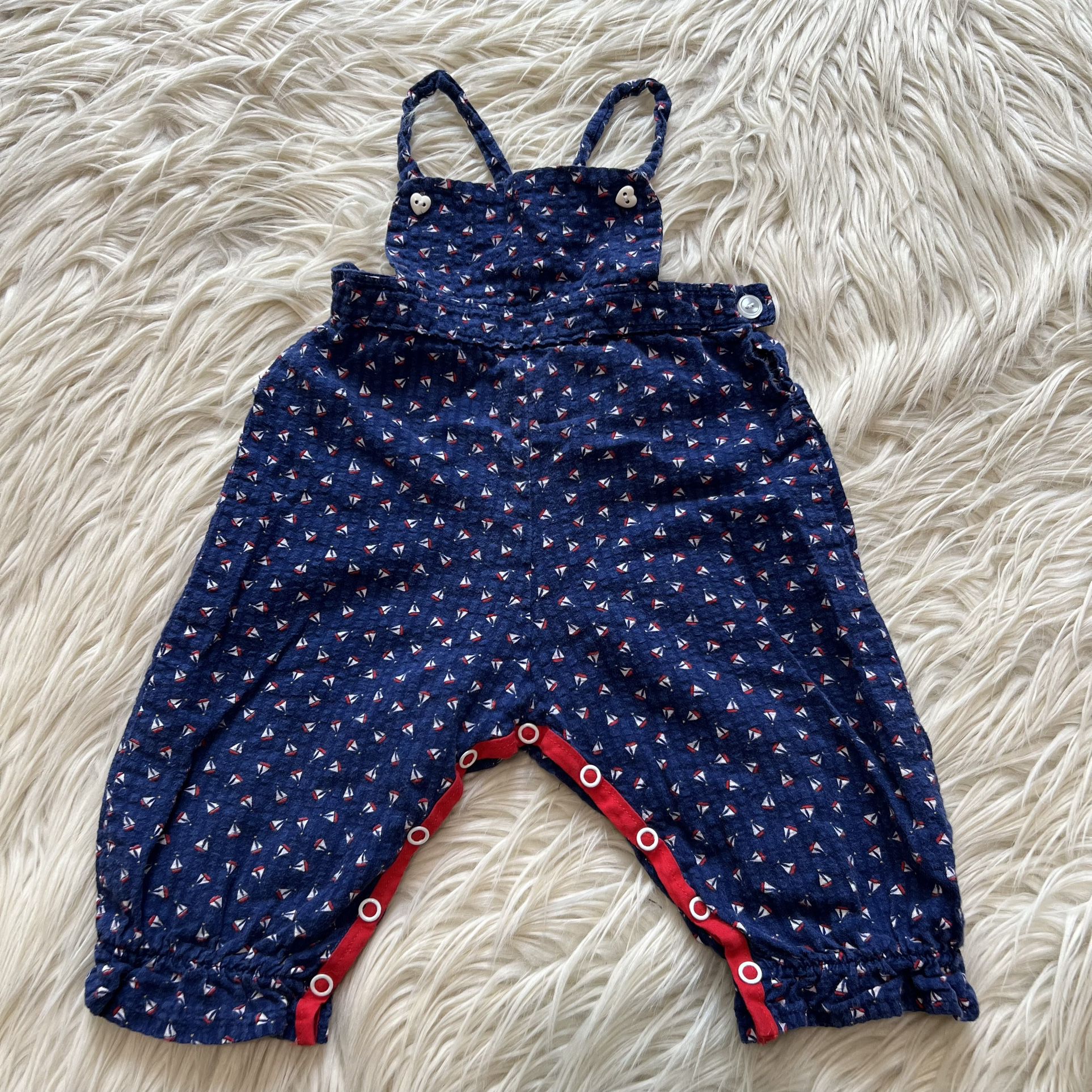Vintage 90s Sailboat Print Overalls Summer Heart Buttons Blue Baby 3-6 Months