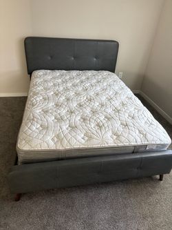 Gray Tufted Faux Leather Bed Frame with Mattress