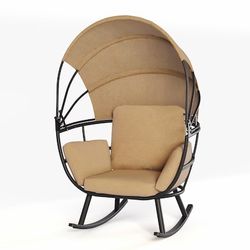 Crestlive Products Outdoor Rocking Egg Sofa Chair With Folding Canopy Black Metal Frame Egg Chair with Tan Texteline Cushioned Seat