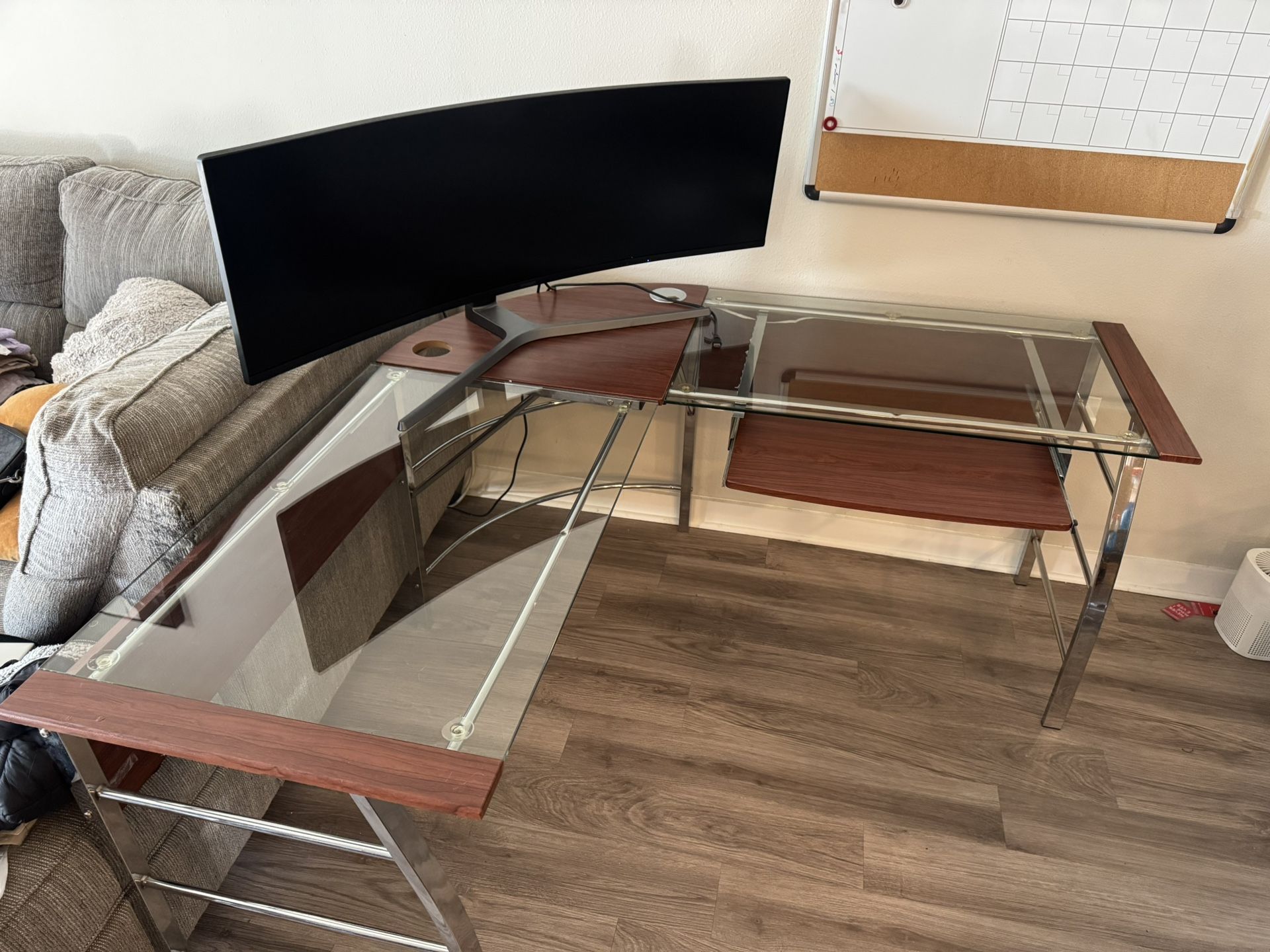 Mezza 62"W L-Shaped Corner Desk, Cherry/Chrome