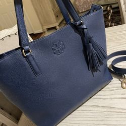 Tory Burch Large Thea Tote Bag Lap Top Bag Navy Pebbled Leather 