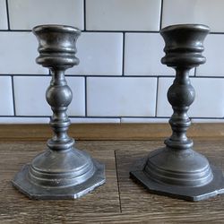 Pair Vintage Pewter Candlesticks Farmhouse Silver Metal Taper Candle Holders