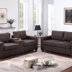 2PC Sofa & Loveseat w/ Cup holder (Brown, Gray, Black & Dark Gray) 