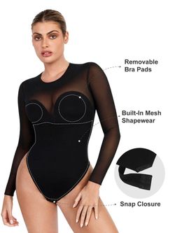 Long-sleeve tummy-shaping bodysuit with illusion mesh