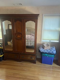 Antique Wood Armoire with Mirrored Doors
