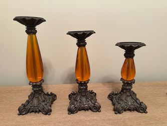 Set of 3 Ornate Amber Candleholders – Vintage-Inspired Decor