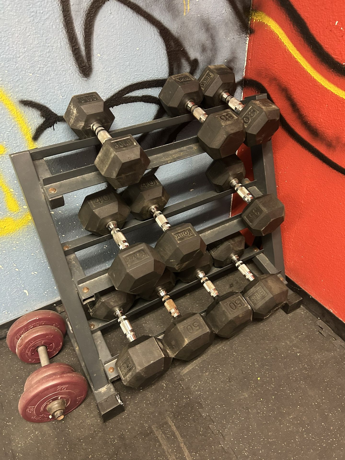 WEIGHTS - Dumbbells - Plates - Bar - Plate Tree - Dumbbell Rack - Gym Mats