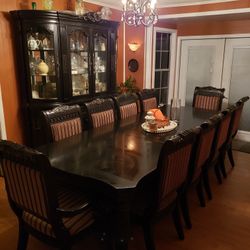 Ashley Britannia Rose Dining Set - Table + 10 Chairs (2 Arm) + Lighted China Hutch - Spring Branch