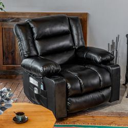 36.61" Wide Super Soft and Oversize Modern Designed Faux Leather Upholstered Heating & Massage Swivel Reclining Chair with Cupholders for Living Room,