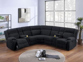 Brand New Black Super Plush Corduroy Power Reclining Sectional Sofa