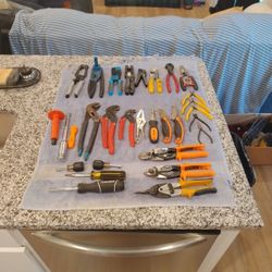 Lot Of Hand Tools Crimpers Snips Channel Locks Utility Knifes 