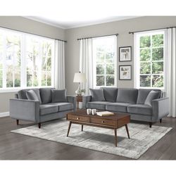 Brand New Gray Velvet Midcentury Sofa + Loveseat 2PCs Set