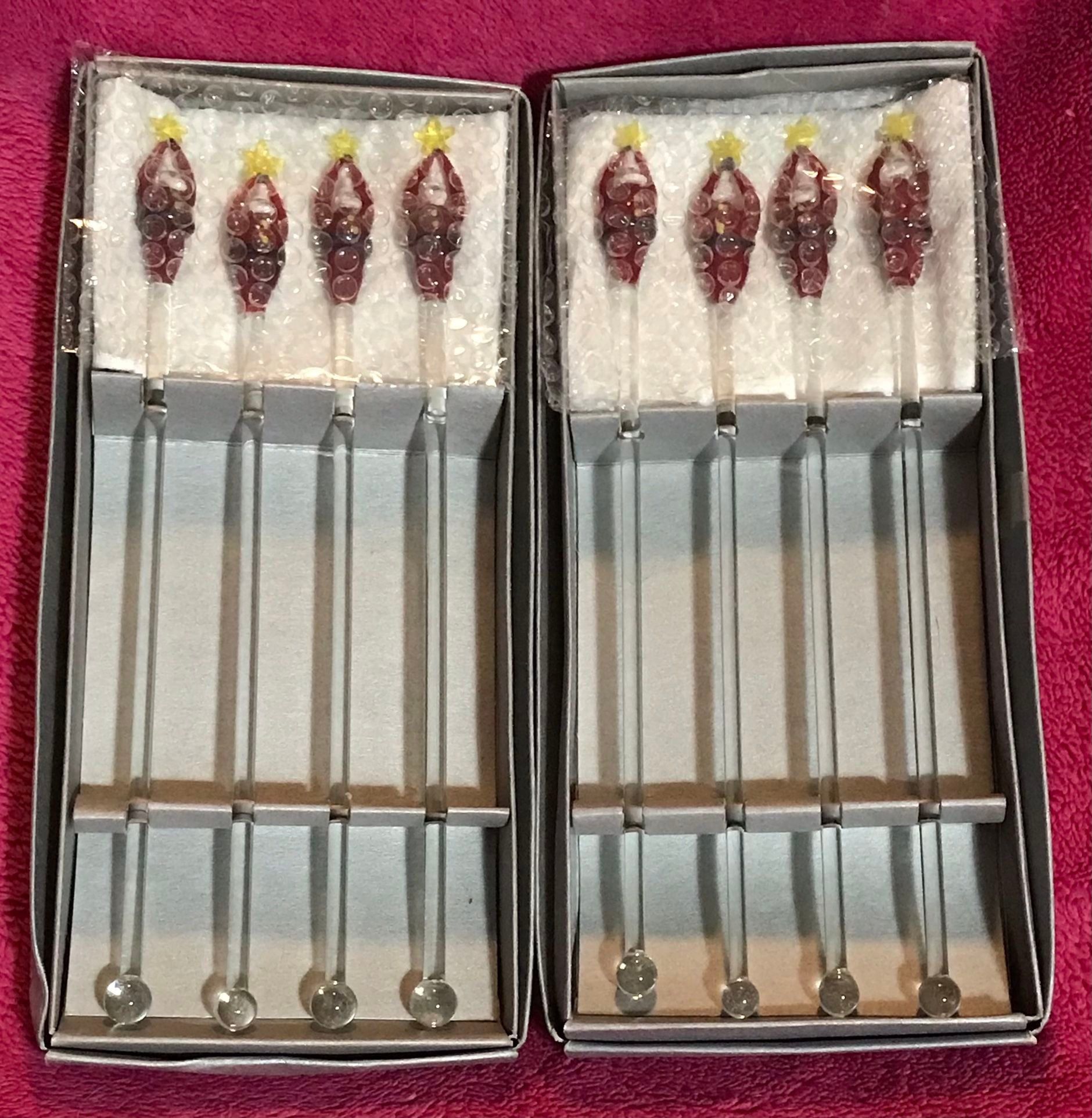 Pottery Barn Christmas Santa Claus 8 Glass Drink Stirrers 2 Boxes Of 4 NEW!