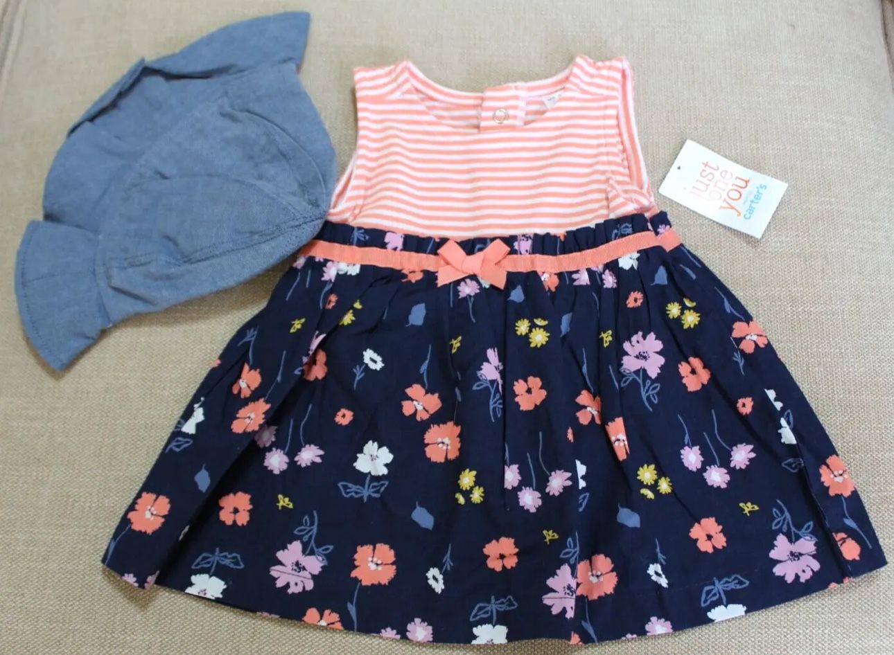 NEW Carter's Baby Girls Summer Dress + Hat Size 6M Pink Stripe Flowers NWT