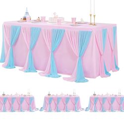 besutolife Pink Blue Tulle Tablecloth 4Pack Stretchable Cross Table Cover 3 Sides for Wedding, Birthday, Party Decor, Banquet, Bridal Shower Fits 8ft