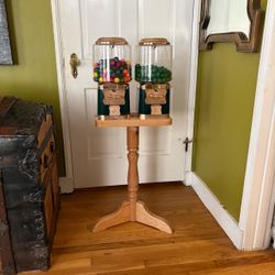 Double Gumball Machine on Wooden Pedestal Stand