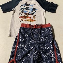 OshKosh Bgosh boys size 7 surf board swim trunks w/back pocket and Old Navy 6/7 sharks rash guard