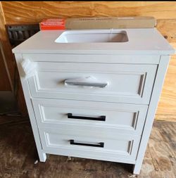 ALLEN + ROTH WHITE BATHROOM VANITY WITH MARBLE TOP AND BACK SPLASH....30" WIDE....NEW..... $ 350