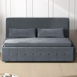 Queen Size Pull Out Sofa Bed, Convertible Sleeper Sofa with Pull Out Bed, Velvet Loveseat Couch Bed with Two Pillows for Living Room/Apartment, Light 