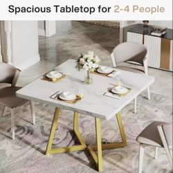 J0403 Square Dining Table for 2, 31.5" Modern Dinner Table with Metal Base, Kitchen Table for Dining Room, Small Space, Apartment, White & Gold